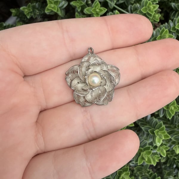 Vintage Silver Filigree Rose Pendant Pearl Flower Floral Wirework Charm - 2