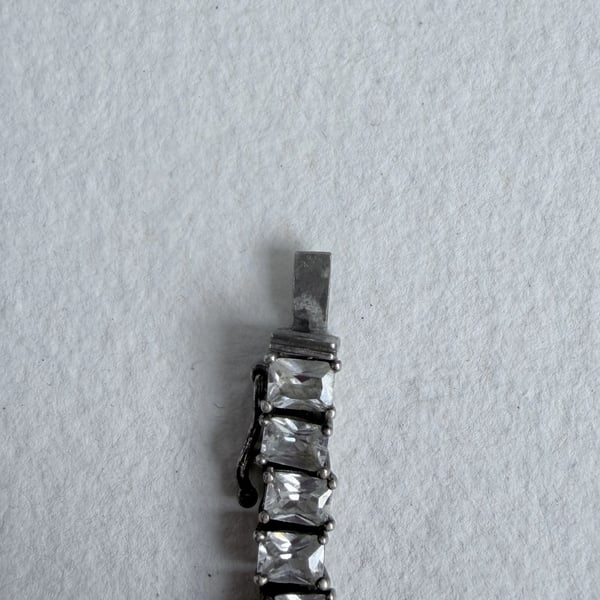 Vintage Sterling Silver CZ Tennis Bracelet Emerald Cut Line Sparkly Bridal - 2