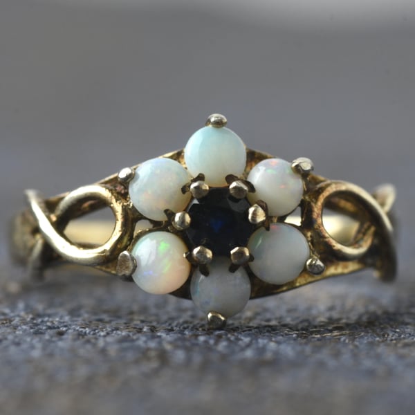 Vintage Sterling Silver Opal & Amethyst Flower Cluster Gold Ring - 3