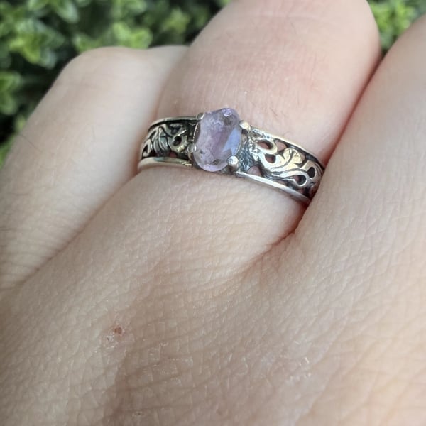 Sterling Silver Filigree Band Amethyst Solitaire Ring