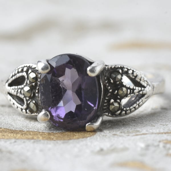 Sterling Silver Amethyst & Marcasite Art Deco Ring - 4