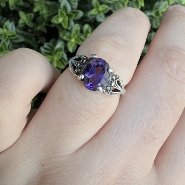 Sterling Silver Amethyst & Marcasite Art Deco Ring