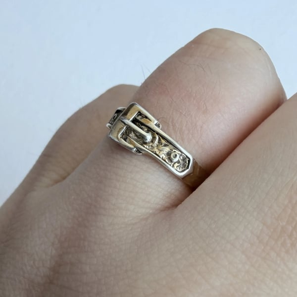 Vintage Silver Buckle Ring Engraved Band Sentimental Love Token Gold Plated - 2