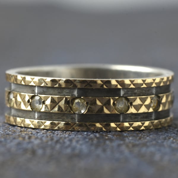 Vintage 9ct Gold and Silver Paste Eternity Band Ring Engraved Wide Stacking