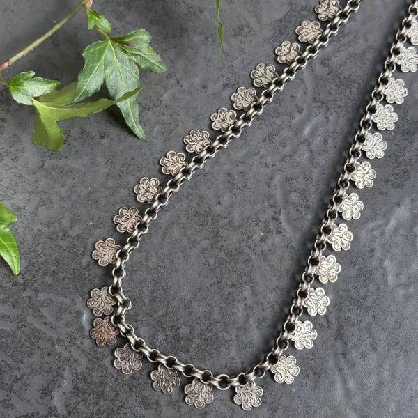 Antique Silver Collar Book Chain Victorian Necklace Floral Etched Choker