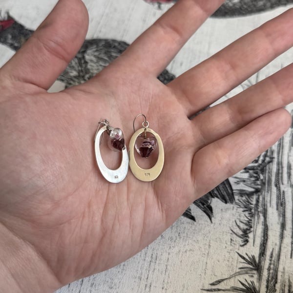 Vintage Sterling Silver Purple Glass Heart Earrings Oval Hoop Drop Murano Style - 2