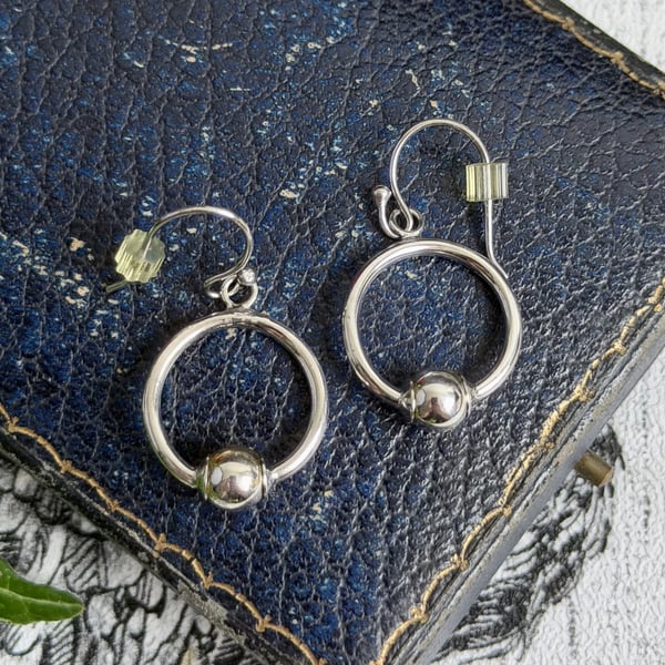 Vintage Sterling Silver Hoop Drop Earrings Ball Bead Minimalist Modernist 925