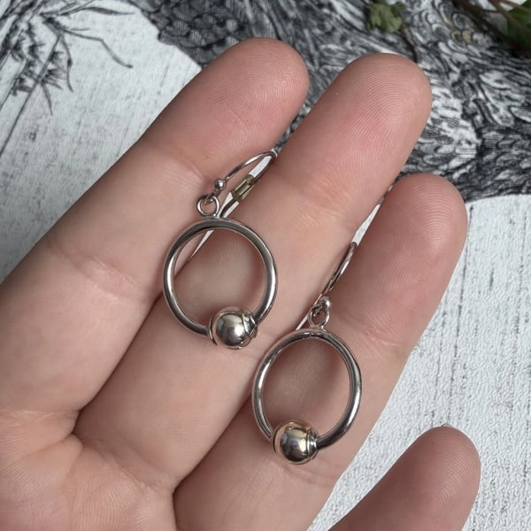 Vintage Sterling Silver Hoop Drop Earrings Ball Bead Minimalist Modernist 925 - 2