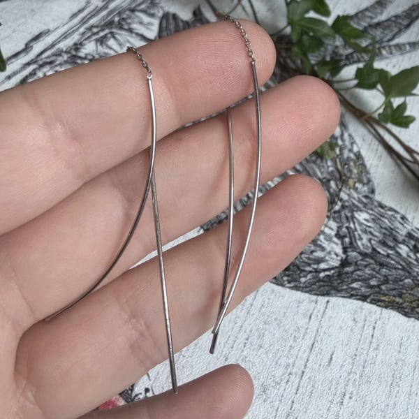 Sterling Silver Threaded Long Dangly Earrings Chain Thread  - 2