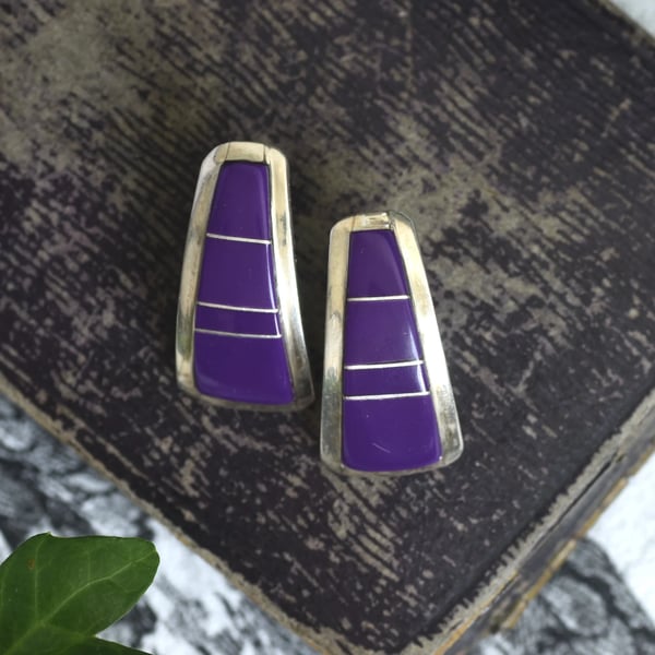 Navajo Elaine Sam Sterling Silver Purple Inlay Earrings, Chunky Modernist Studs