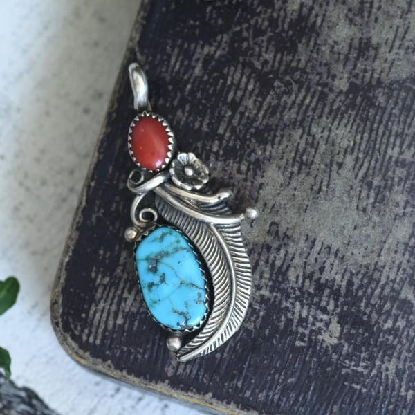 Vintage Pawn Silver Turquoise Coral Pendant Southwestern Feather