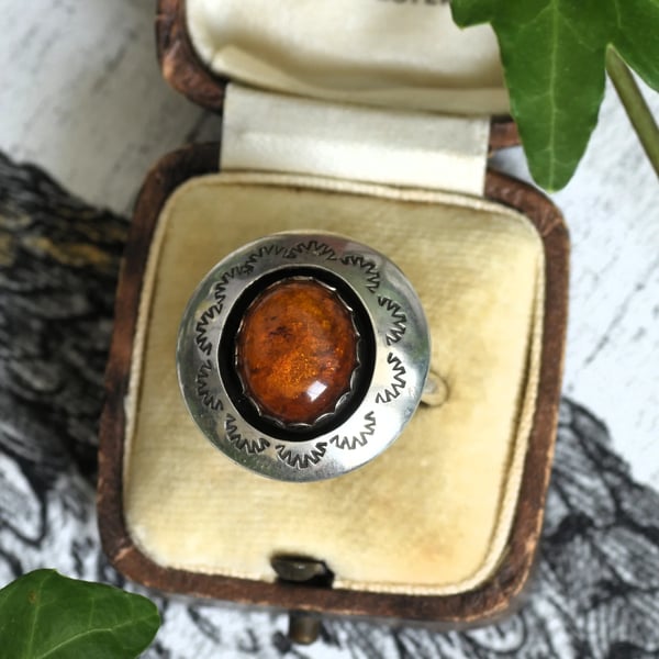 Navajo Teddy Goodluck Vintage Sterling Silver Amber Ring, Native American