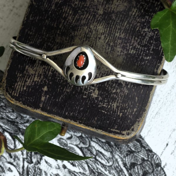 Vintage Silver Coral Bear Paw Cuff Southwestern Bangle