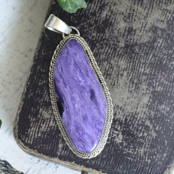 Vintage Sterling Silver Charoite Pendant, Large Purple Cabochon Statement Southwestern