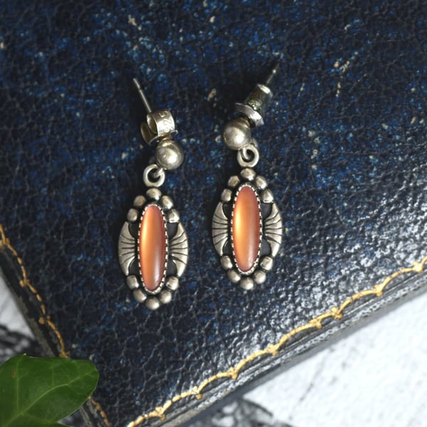 Vintage Sterling Silver Orange Mother of Pearl Earrings, Southwestern Drop Studs