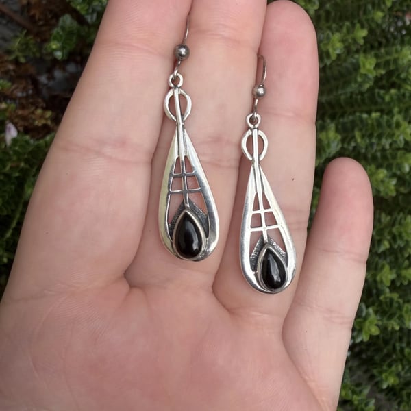 Vintage Sterling Silver Onyx Drop Earrings Mackintosh Art Nouveau Teardrop Long - 2