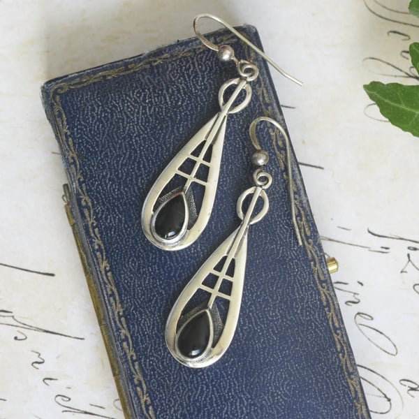 Vintage Sterling Silver Onyx Drop Earrings Mackintosh Art Nouveau Teardrop Long