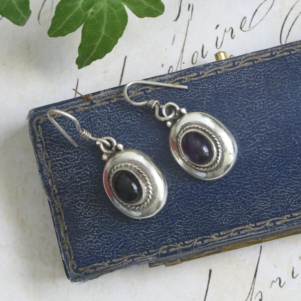Sterling Silver Drop Earrings Mismatched Onyx Amethyst Oval Cabochon Boho Odd