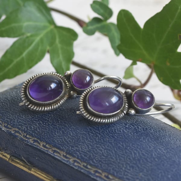 Vintage Sterling Silver Amethyst Drop Earrings, Purple Cabochon Two Stone Artisan