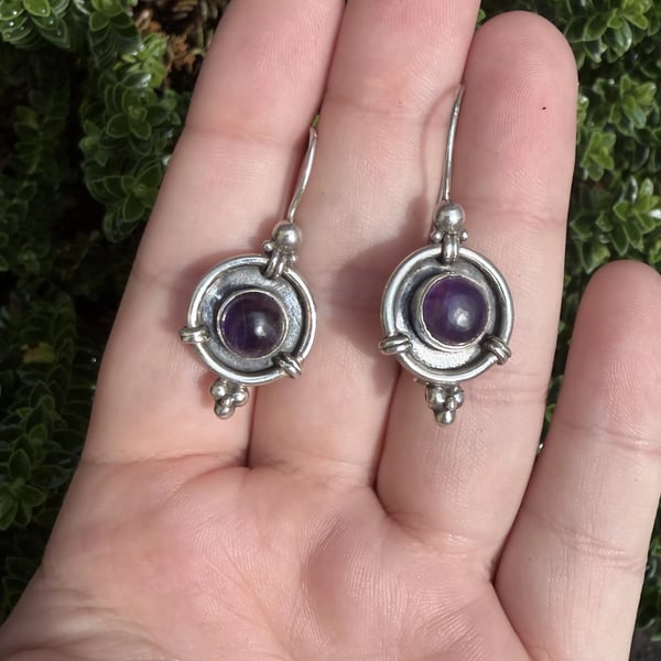 Vintage Sterling Silver Amethyst Drop Earrings Purple Cabochon Artisan Boho - 2