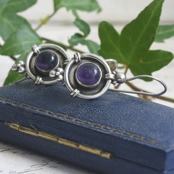 Vintage Sterling Silver Amethyst Drop Earrings Purple Cabochon Artisan Boho