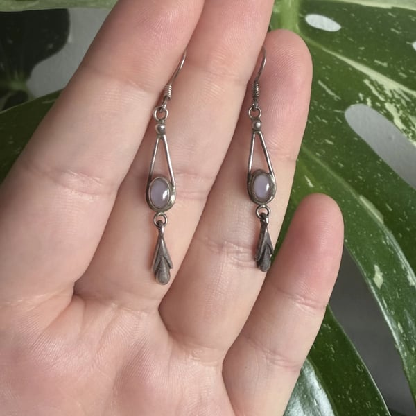 Sterling Silver Drop Earrings Pale Blue Cabochon Art Nouveau Lily Bud Dangle - 2