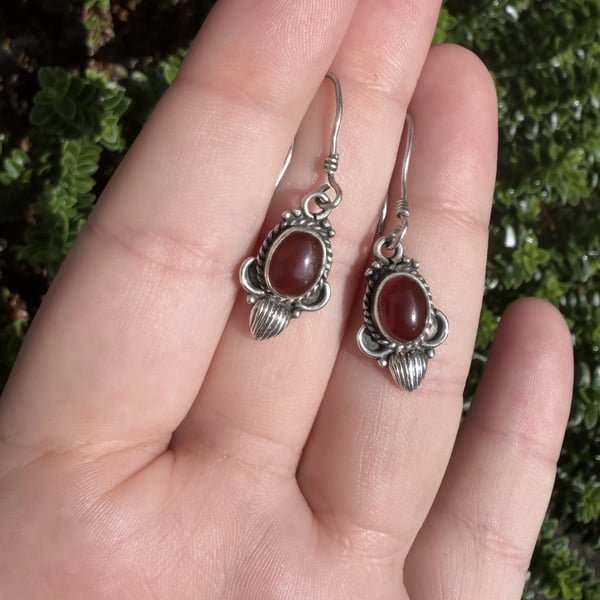 Sterling Silver Carnelian Drop Earrings Red Oval Cabochon Ornate Boho Dangle