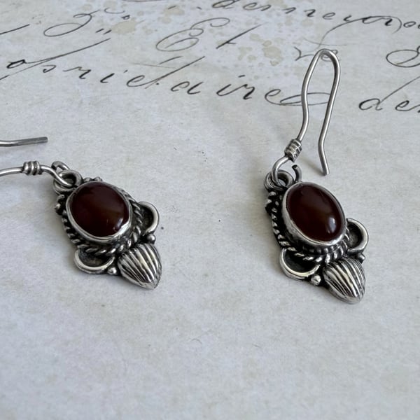 Sterling Silver Carnelian Drop Earrings Red Oval Cabochon Ornate Boho Dangle - 2