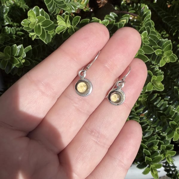 Sterling Silver Citrine Drop Earrings Yellow Cabochon Dainty Boho Gemstone - 2