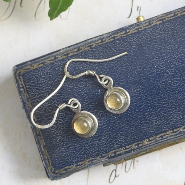 Sterling Silver Citrine Drop Earrings Yellow Cabochon Dainty Boho Gemstone