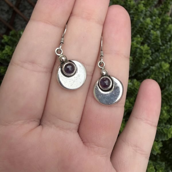 Sterling Silver Amethyst Drop Earrings Purple Cabochon Modernist Disc Minimalist - 2