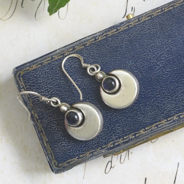 Sterling Silver Amethyst Drop Earrings Purple Cabochon Modernist Disc Minimalist