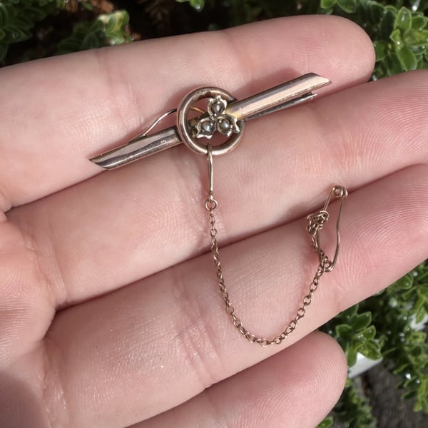 Antique Edwardian 9ct Rose Gold Bar Brooch Seed Pearl Ivy Leaf Victorian Pin - 2