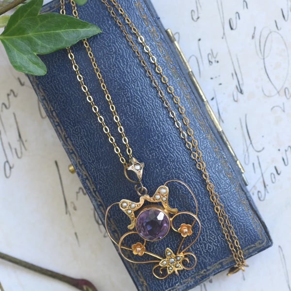 Antique Edwardian 9ct Gold Amethyst Pearl Lavaliere Pendant Art Nouveau Necklace
