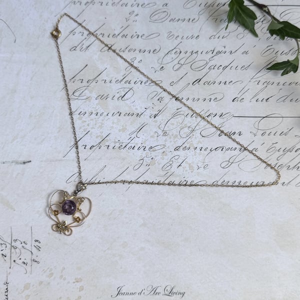 Antique Edwardian 9ct Gold Amethyst Pearl Lavaliere Pendant Art Nouveau Necklace - 2