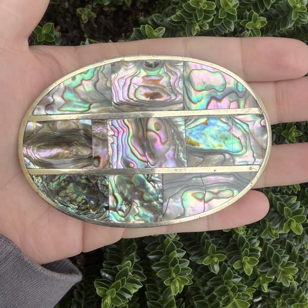 Vintage Mexican Alpaca Abalone Shell Belt Buckle Large Oval Inlaid Boho Western - 2