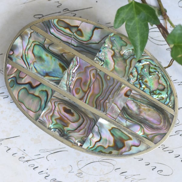Vintage Mexican Alpaca Abalone Shell Belt Buckle Large Oval Inlaid Boho Western