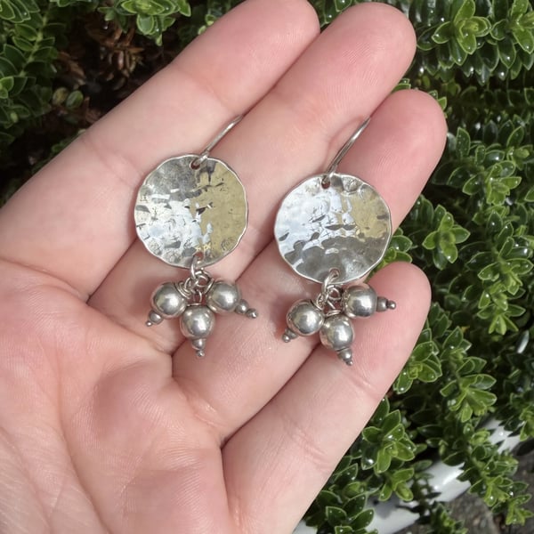 Vintage Silver Hammered Disc Drop Earrings Bead Cluster Boho Tribal Artisan - 2