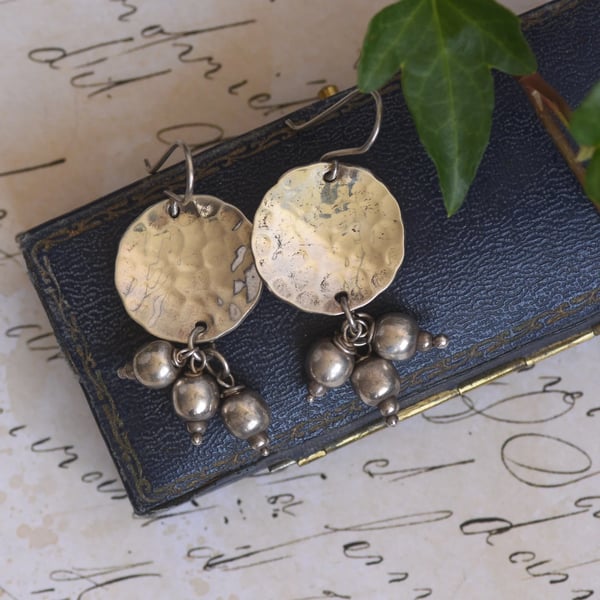 Vintage Silver Hammered Disc Drop Earrings Bead Cluster Boho Tribal Artisan