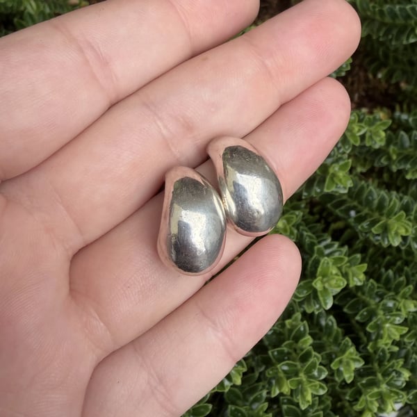 Vintage Silver Puffed Hoop Stud Earrings Chunky Half Hoop Modernist Scandi - 2