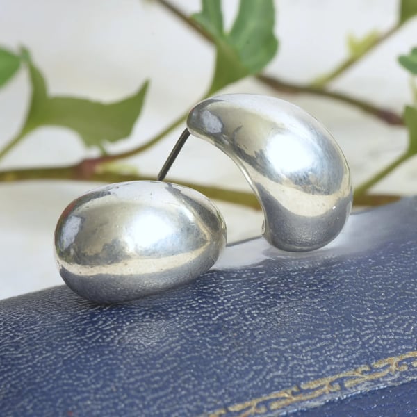 Vintage Silver Puffed Hoop Stud Earrings Chunky Half Hoop Modernist Scandi