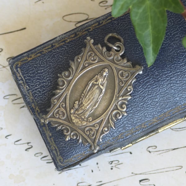 Antique Silver Our Lady of Lourdes Medal Pendant Virgin Mary Bernadette Grotto
