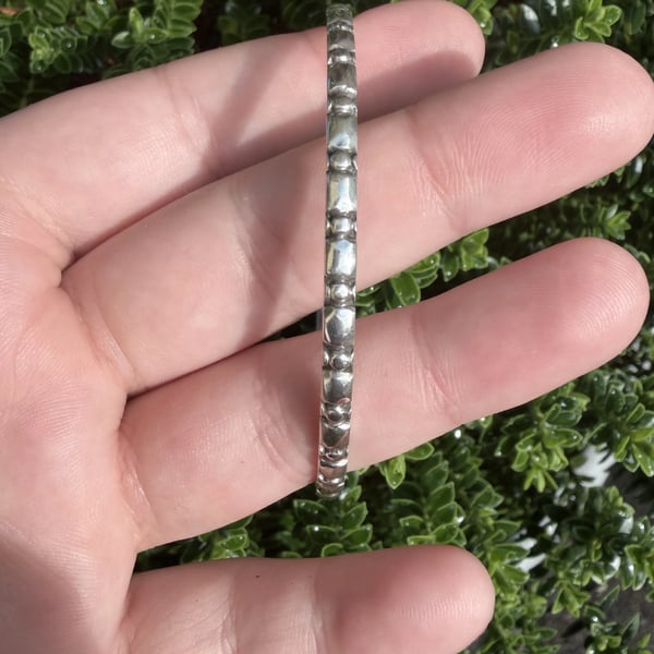 Silver Bangle Beaded Pattern Solid Slip On Bracelet Stacking Boho Studded Dainty - 2