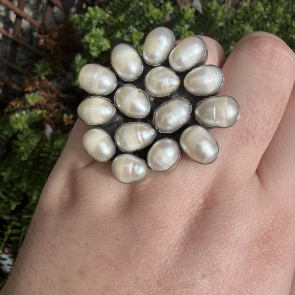 Sterling Silver Pearl Cluster Ring Baroque Pearls Statement Cocktail Heavy - 2