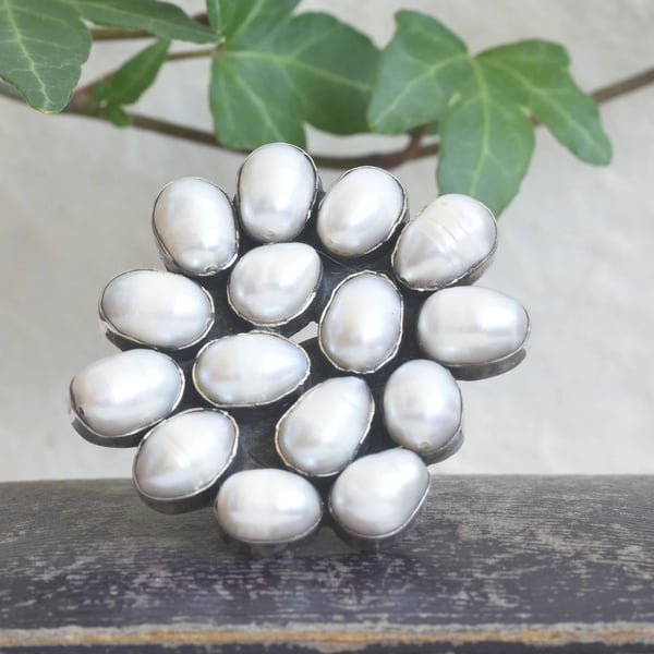 Sterling Silver Pearl Cluster Ring Baroque Pearls Statement Cocktail Heavy