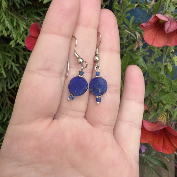 Lapis Lazuli Bead Drop Earrings Silver Beads Blue Disc Boho Dangle Small