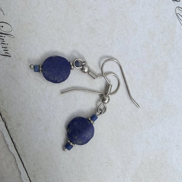 Lapis Lazuli Bead Drop Earrings Silver Beads Blue Disc Boho Dangle Small - 2