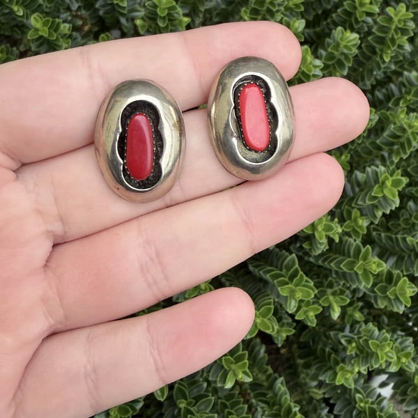 Silver Plated Red Stone Earrings Oval Shadowbox Southwestern Boho