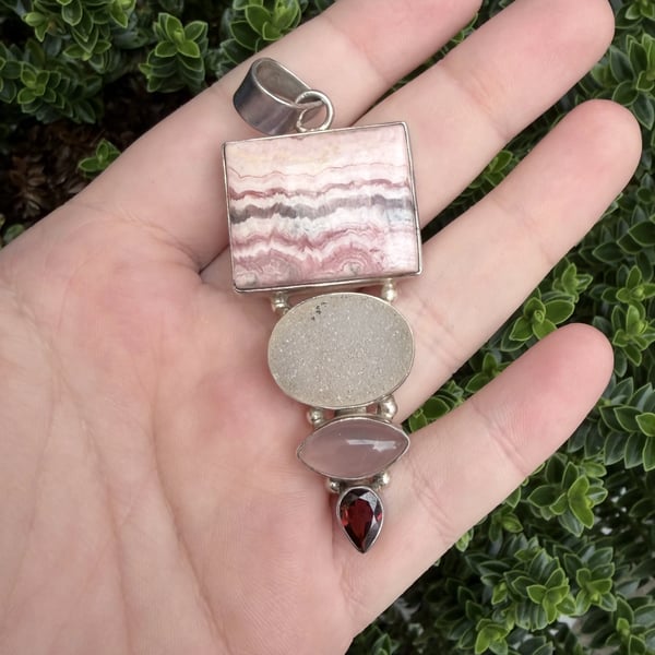 Sterling Silver Rhodochrosite Druzy Rose Quartz Garnet Pendant Multi Stone Boho - 2