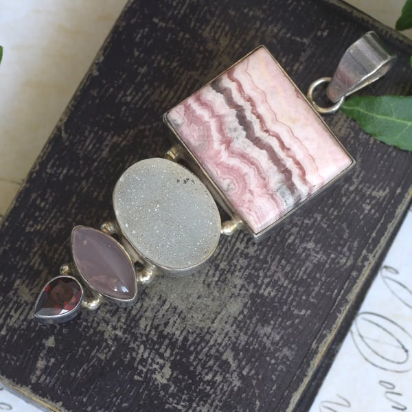 Sterling Silver Rhodochrosite Druzy Rose Quartz Garnet Pendant Multi Stone Boho